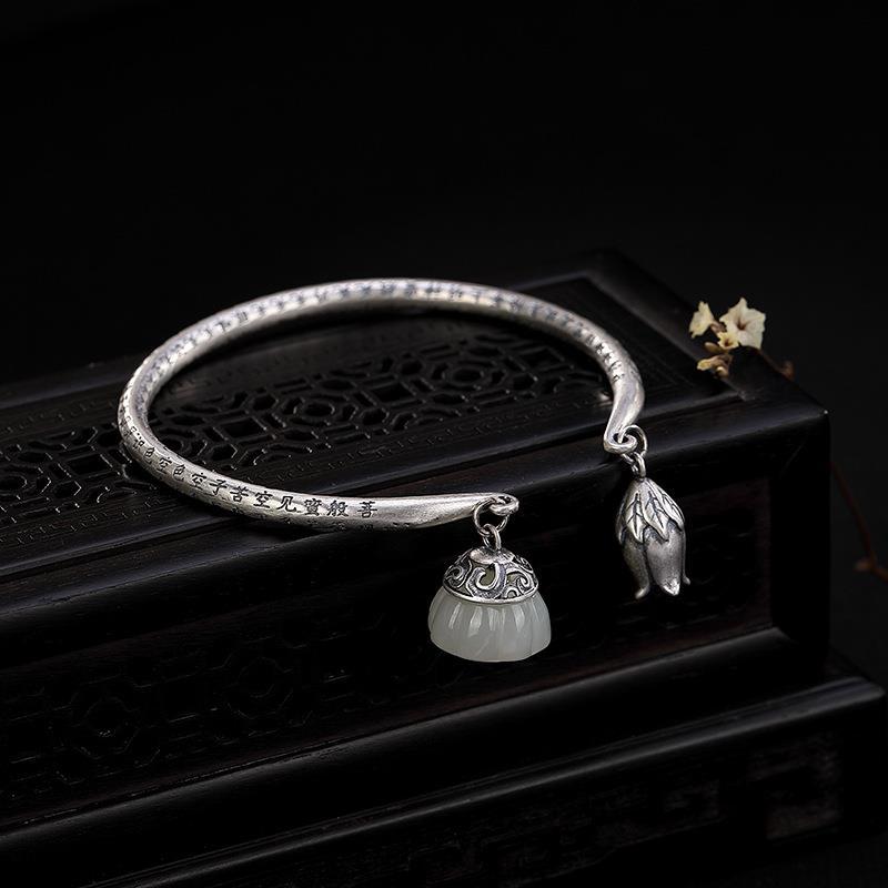 New Inlaid Natural Fine White Jade Chalcedony Lotus Buddha Sutras Bracelet Vintage Retro Women Adjustable Bracelet