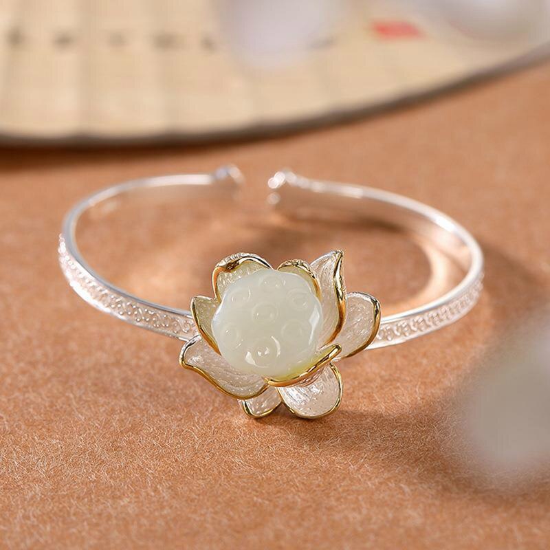 Natural Fine White Chalcedony Lotus Bracelet Vintage Style Creative Charm Women Adjustable Jewelry Brand