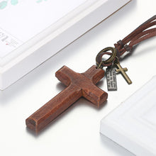 Load image into Gallery viewer, Adjustable Leather Wood Cross Necklace
