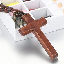 Load image into Gallery viewer, Adjustable Leather Wood Cross Necklace
