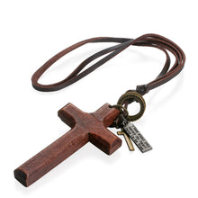 Load image into Gallery viewer, Adjustable Leather Wood Cross Necklace
