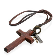 Load image into Gallery viewer, Adjustable Leather Wood Cross Necklace
