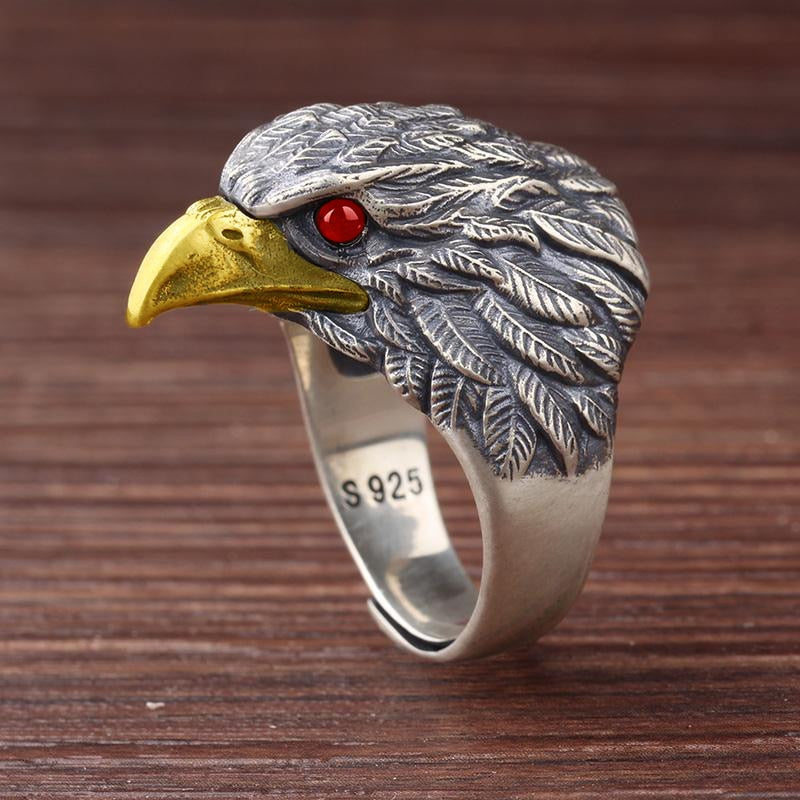 S925 Silver Original Design Trendy Retro Eagle Opening Adjustable Men's Ring