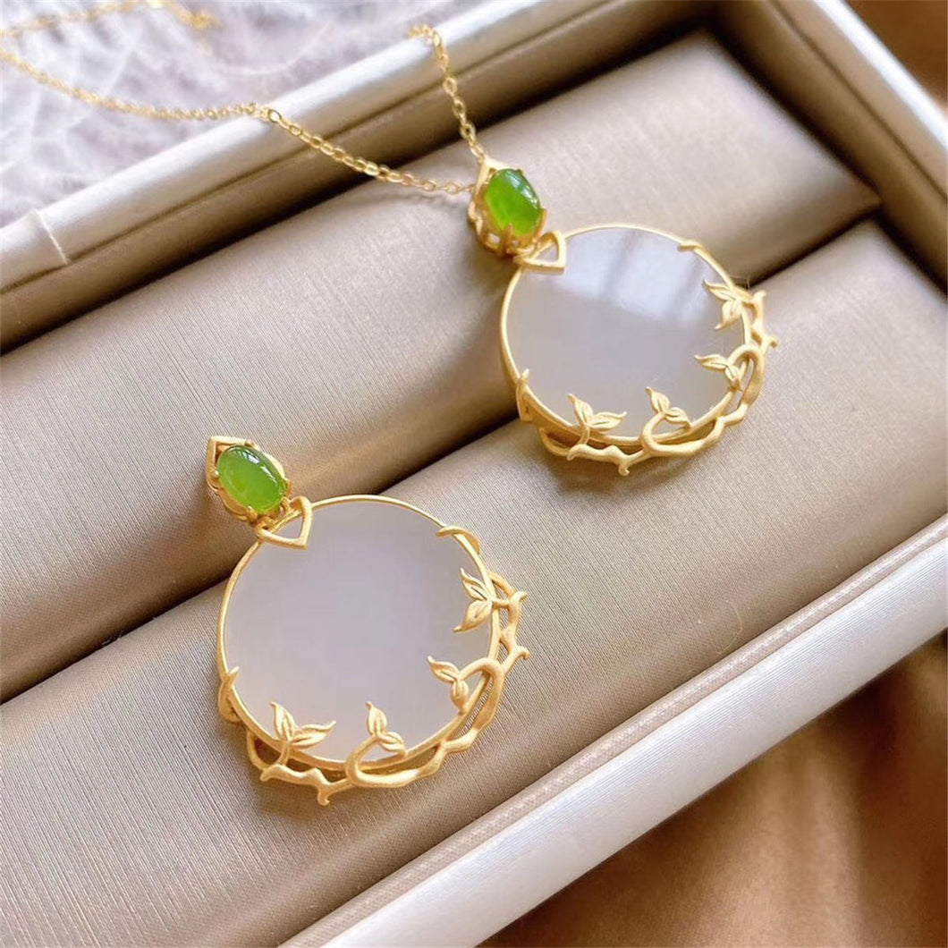 Silver Inlaid Natural Fine Jade Round Pendant Necklace Vintage Retro Style Women's Brand Jewelry