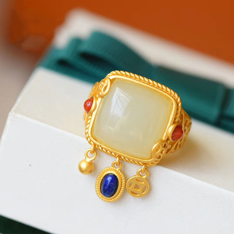 Silver Inlaid Natural Fine Jade Retro Niche Ethnic Style Opening Adjustable Women's Ring