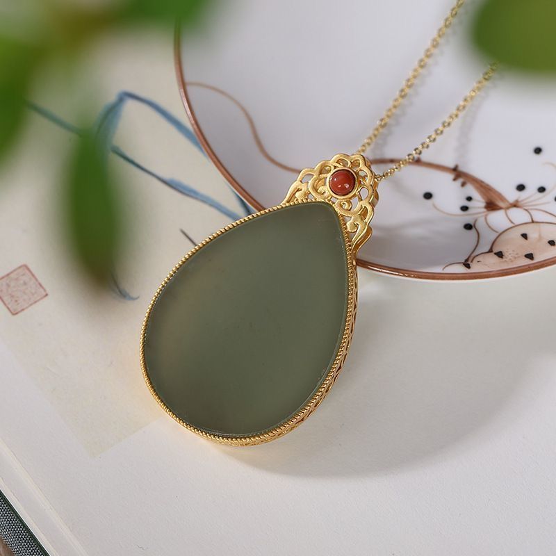 Silver Inlaid Natural Fine Jade Drop-shaped Pendant Necklace Craft Luxury Charm Women Brand Jewelry