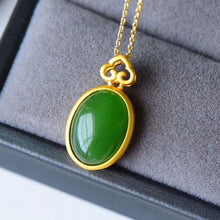 Load image into Gallery viewer, Lokaloca Natural Green Jade Oval Auspicious Pendant Necklace
