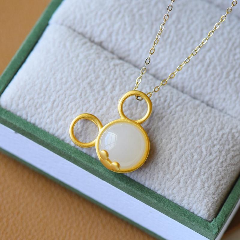 Silver Inlaid Natural Fine White Jade Pendant Necklace Mickey Sweet and Cute Charm Brand Jewelry