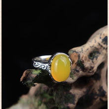 Load image into Gallery viewer, Silver Retro Style Oval Charm Yellow Jade Opening Adjustable Female Ring
