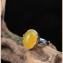 Load image into Gallery viewer, Silver Retro Style Oval Charm Yellow Jade Opening Adjustable Female Ring
