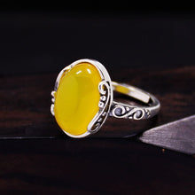 Load image into Gallery viewer, Silver Retro Style Oval Charm Yellow Jade Opening Adjustable Female Ring
