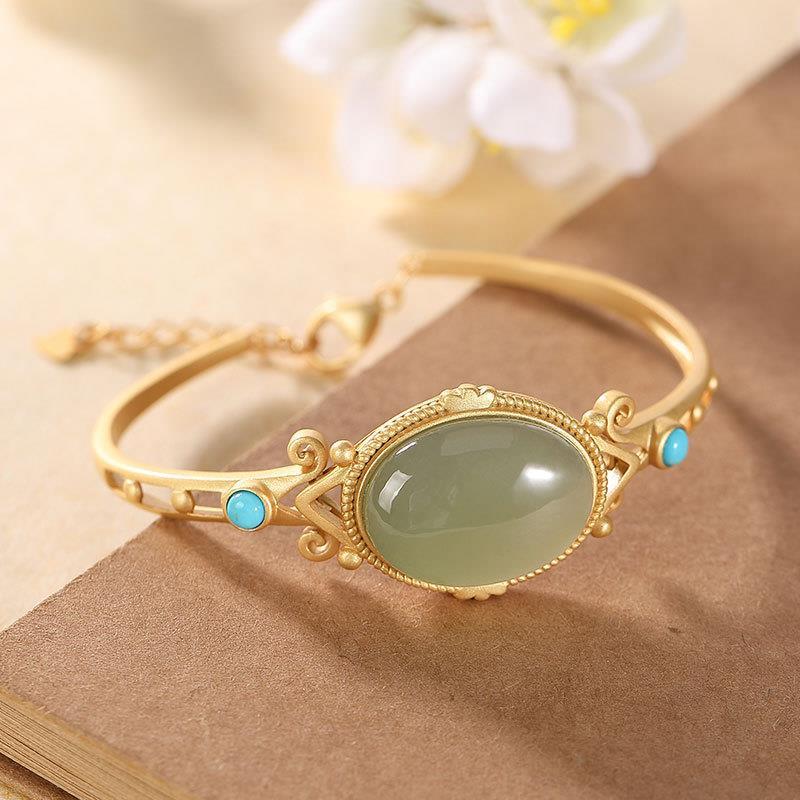 Silver Inlaid Fine Jade Bracelet Vintage Style Retro Classic Court Style Charming Women Adjustable Brand Jewelry