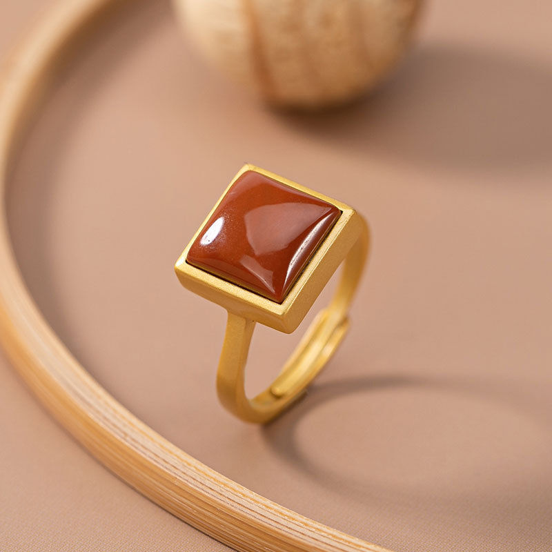 Silver Inlaid Southern Red Agate Adjustable Ring Vintage Style Retro Square Design Charm Luxury Women's Jewelry