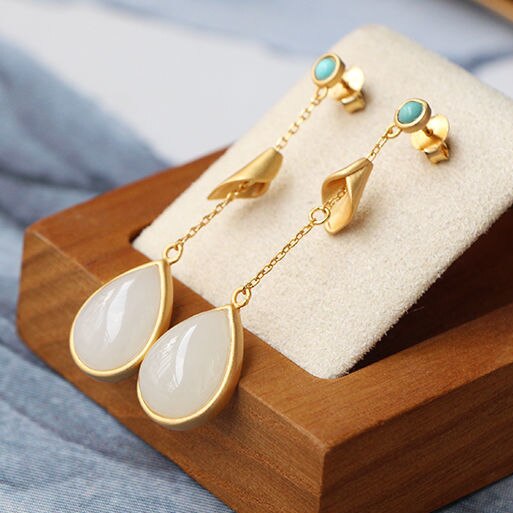 Silver Inlaid Natural Fine White Chalcedony Long Earrings Vintage Retro Niche Design Charm Women's Brand Jewelry