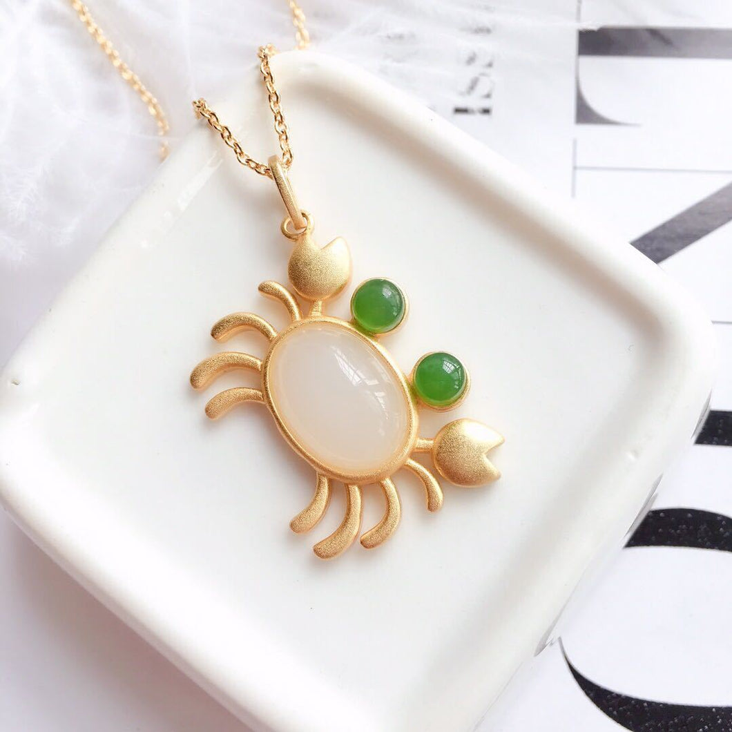 Silver Inlaid Natural Fine White Jade Cute Crab Pendant Necklace Vintage Style Retro Romantic Charming Brand Jewelry