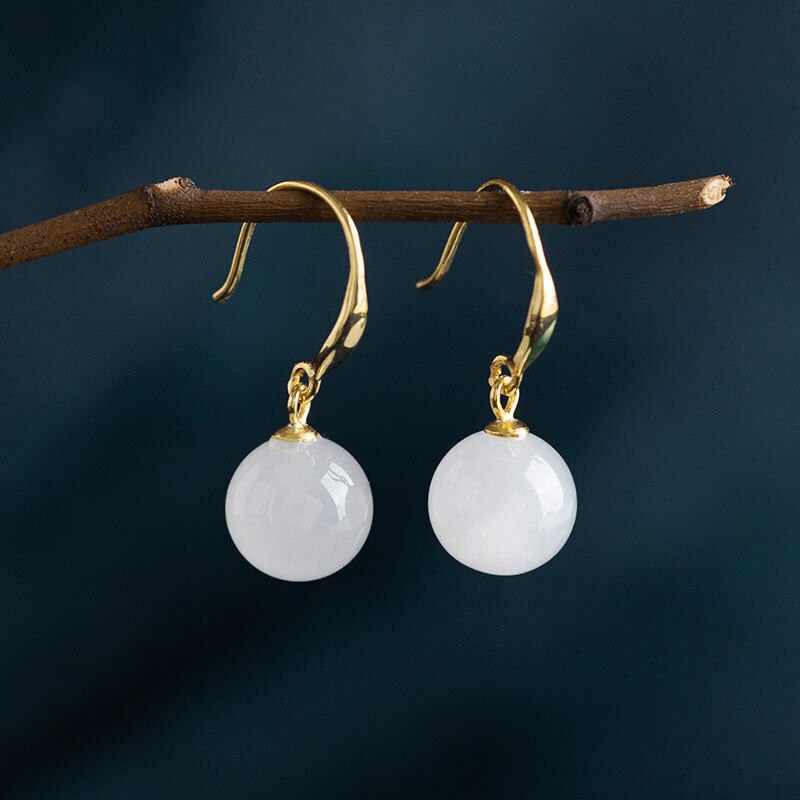 Silver Inlaid Natural Fine White Jade Earrings Vintage Style Retro Design Luxury Charm Women's Brand Jewelry