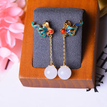 Load image into Gallery viewer, Silver Inlaid Natural Fine White Jade Long Earrings Vintage Style Flower Charm Elegant Gilt Luxury Lady Jewelry
