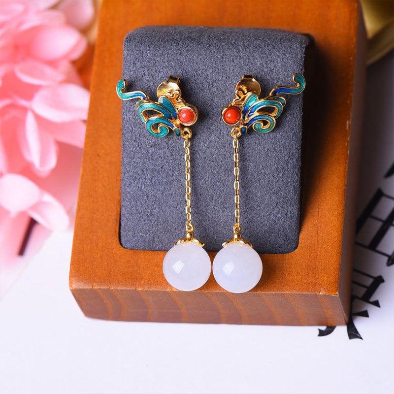 Silver Inlaid Natural Fine White Jade Long Earrings Vintage Style Flower Charm Elegant Gilt Luxury Lady Jewelry