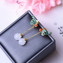 Load image into Gallery viewer, Silver Inlaid Natural Fine White Jade Long Earrings Vintage Style Flower Charm Elegant Gilt Luxury Lady Jewelry
