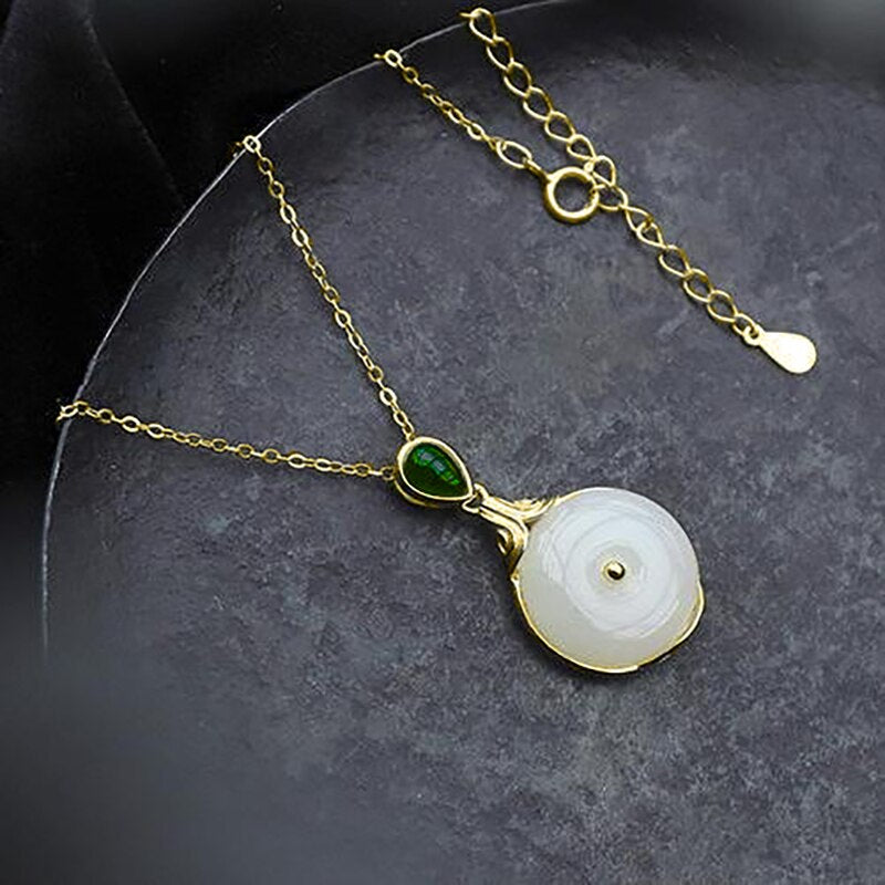 Silver Inlaid Natural Fine White Jade Pendant Necklace Vintage Retro Design Luxury Charm Women's Jewelry