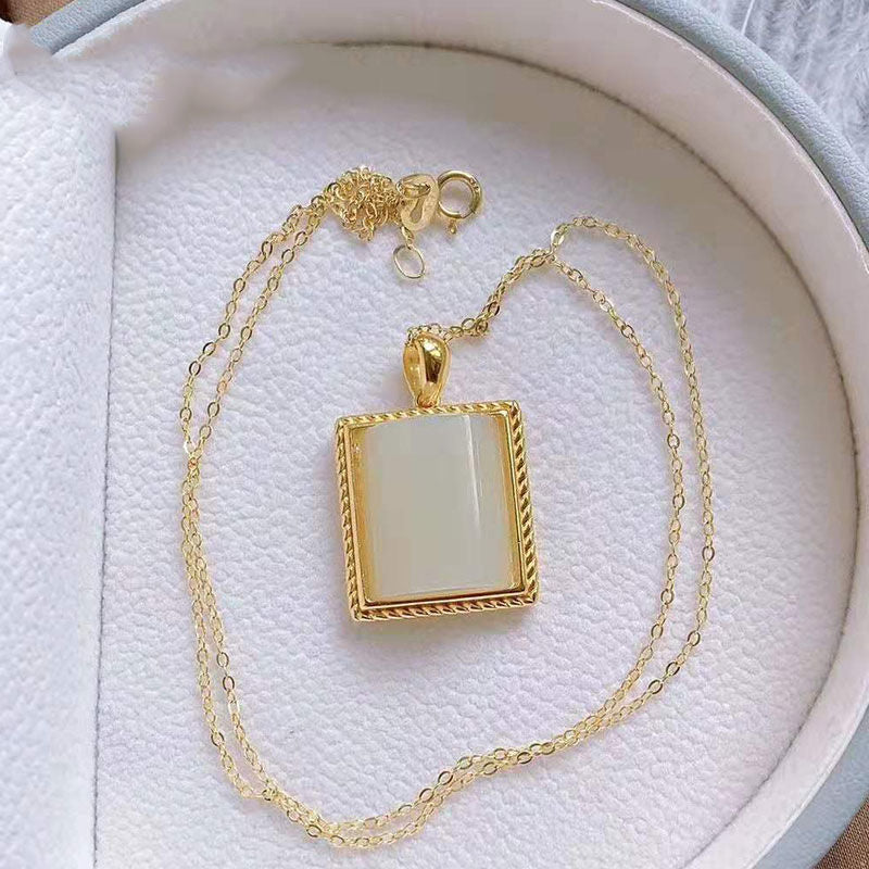 Silver Inlaid Natural Fine White Jade Pendant Necklace Vintage Style Retro Square Hanging Women's Jewelry