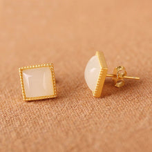 Load image into Gallery viewer, Silver Inlaid Natural White Jade Square Earrings Vintage Style Retro Style Exquisite Charm Women&#39;s Brand Jewelry
