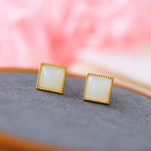 Load image into Gallery viewer, Silver Inlaid Natural White Jade Square Earrings Vintage Style Retro Style Exquisite Charm Women&#39;s Brand Jewelry
