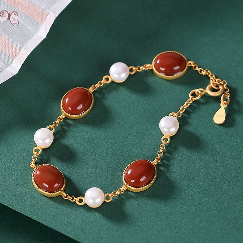 Lokaloca Silver Inlaid Natural White Jade Pearl Bracelet