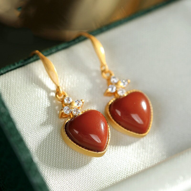 Silver Inlaid Natural Southern Red Agate Heart Shaped Earrings Vintage Retro Romantic Craft Women's Brand Jewelry