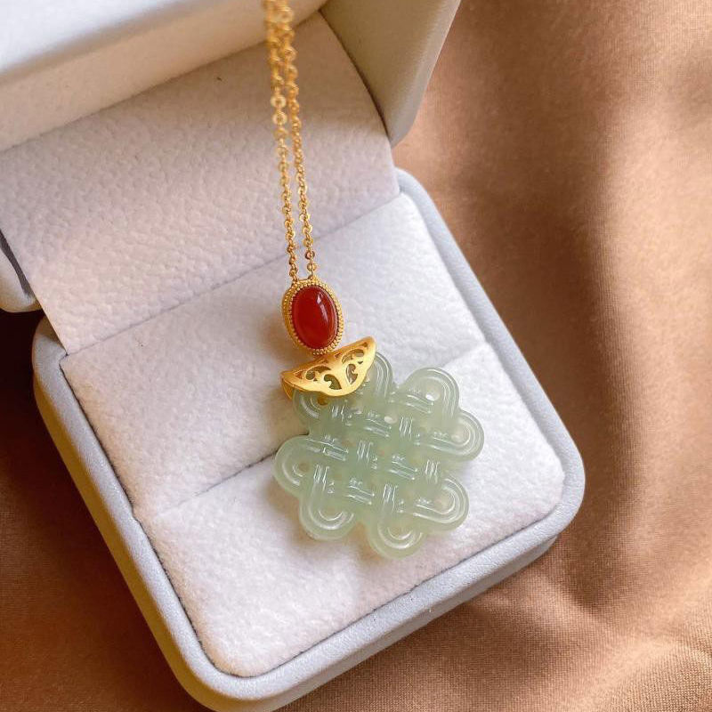 Silver Inlaid Natural Jade Vintage Knot Pendant Necklace Luxury Classic Unique Craft Charm Women's Jewelry