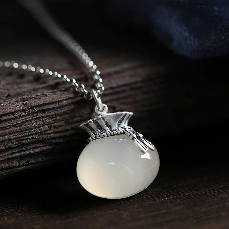 Silver Inlaid Natural White Chalcedony Bag Shaped Pendant Necklace Retro Vintage Women Charm Brand Jewelry