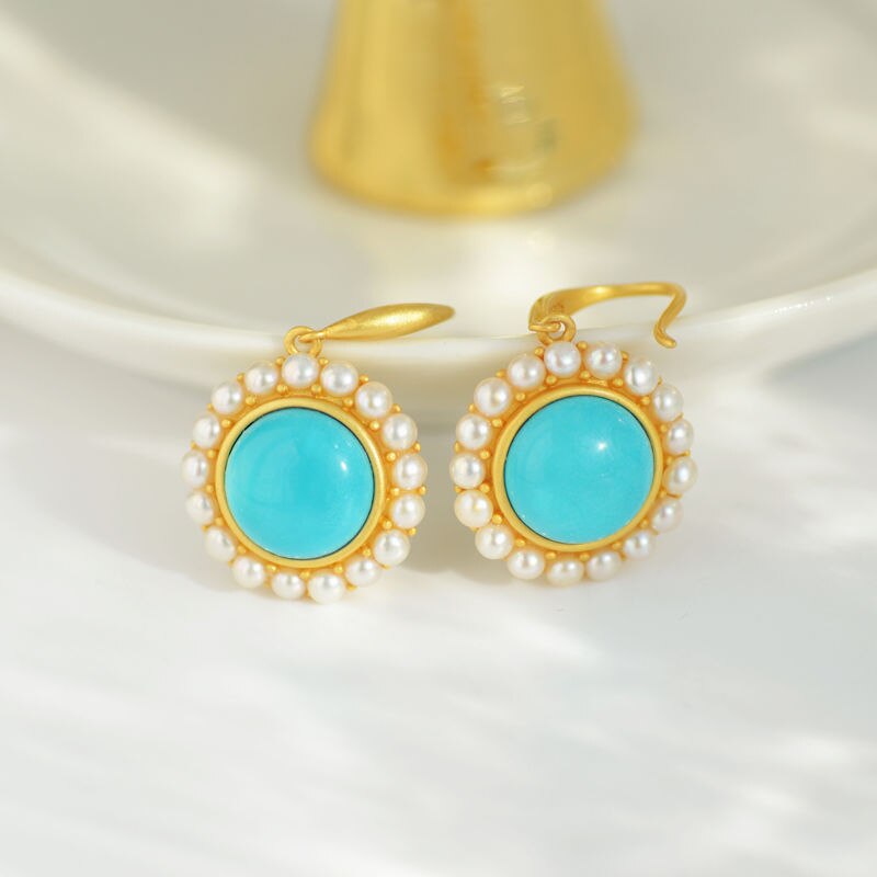 Silver Inlaid Natural Turquoise Earrings Charm Pearl Niche Design Craftsmanship Elegant Romantic Women Brand Jewelry