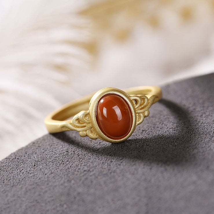 Silver Inlaid Natural Southern Red Agate Opening Adjustable Ring Vintage Unique Craftsmanship Brand Jewelry for Women