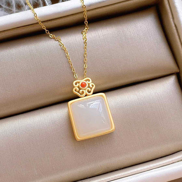 Silver Inlaid with Natural White Jade Pendant Necklace Retro Palace Style Luxury Charm Women's Jewelry