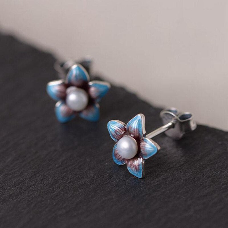 Silver Pearl Flower Enamel Color Vintage Style Charm Retro Lovely Design Women's Brand Jewelry