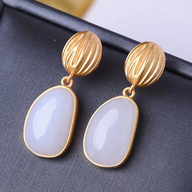 Silver Natural Fine White Jade Oval Irregular Earrings Vintage Retro Design Elegant Charm Women's Brand Jewelry