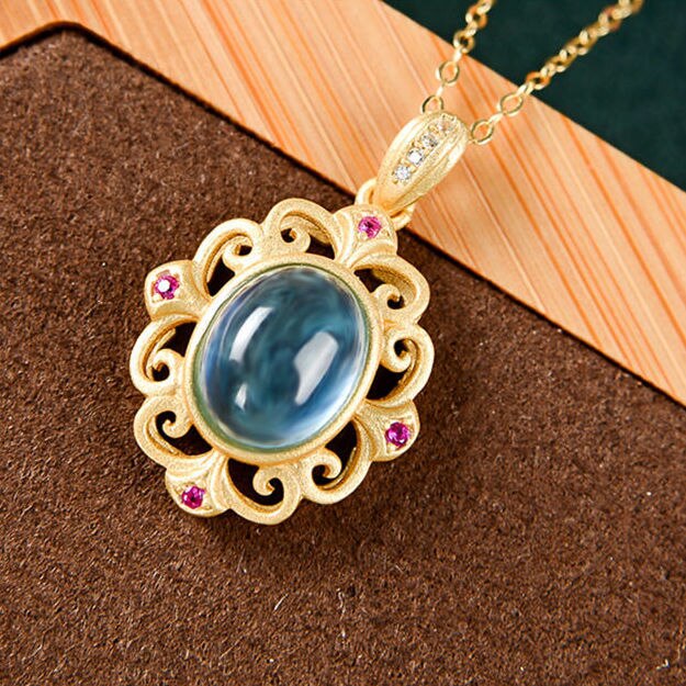 Silver Natural Blue Jade Pendant Necklace Vintage Retro Design Charming Women's Brand Jewelry